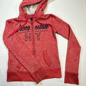 Aeropostale Girls XS Red Zip Up Hoodie Fleece Lined NY Graphic